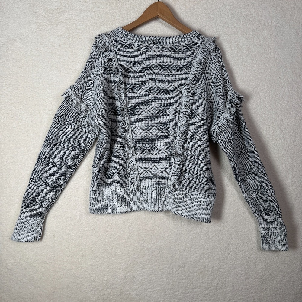 Gap Womens XXL Wool Blend Boho Fringe Black White Chunky Knit Geometric Sweater - Picture 4 of 6